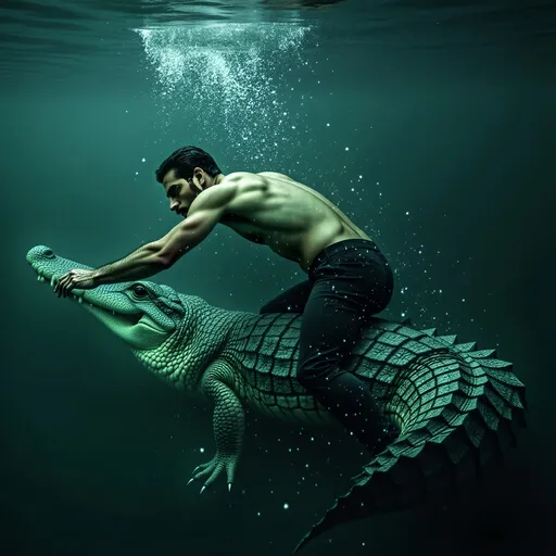 Prompt: Ultra-realistic cinematic scene of @BNIoegjlxzKmcZzxBN8L under the sea at night. He is sitting on the back of a crocodile that is arching his back, gripping its mouth firmly. He’s wearing black pants, no shirt, no footwear, surrounded by dark, moody, mystic water. @BNIoegjlxzKmcZzxBN8L body still in motion, surrounded by a burst of bubbles and swirling water. The lighting is dramatic night-green, with deep cinematic contrast and volumetric beams cutting through the murk. The atmosphere feels epic, mysterious, and powerful — like a mythic underwater warrior in a dark fantasy film. Render in 4K, hyperrealistic textures, detailed water ripples, and bubbles drifting in the background.