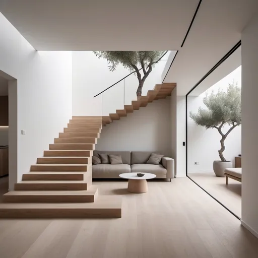 Prompt: modern minimalist interior design, living room with stairs and an olive tree in the middle of it, neutral tones, white walls, wood floor, arches, open space to kitchen, tall ceilings, cozy, biophilic architecture in the style of Tadao Ando.