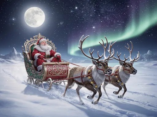 Prompt: Imagine a snowy landscape bathed in the soft glow of a full moon, illuminating the pristine white blanket that covers the ground. Santa Claus, with a jovial expression and his iconic red suit, sits proudly in his intricately designed sleigh, which glimmers with vibrant colors under the starlit sky. His reindeer, majestic and spirited, dash energetically through the snow, their breath visible in the crisp air. Above, a kaleidoscope of stars twinkles against the deep navy canvas, casting a magical ambiance over the scene. A light flurry of snowflakes dances around them, adding an enchanting touch to this heartwarming journey to the North Pole, under the enchanting spectacle of celestial lights.