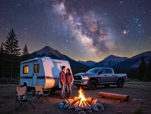 Prompt: A cozy scene unfolds under the vast expanse of the Milky Way, which spills vibrant stars across the night sky, illuminating the dark canvas above. In the foreground, a couple stands outside their rugged RV camper, which is nestled against a majestic mountain backdrop, shrouded in the gentle shadows of twilight. The warm glow of a crackling campfire dances between them, casting flickering light and creating an inviting atmosphere, as they share a moment of laughter and intimacy. Dressed in comfortable flannel shirts and well-worn jeans, they exude a relaxed, adventurous spirit. The dependable Ram pickup is parked nearby, hinting at their journeys together. This scene, rich in warmth and connection, captures the essence of romance amid nature's grandeur, reminiscent of photorealistic painting.