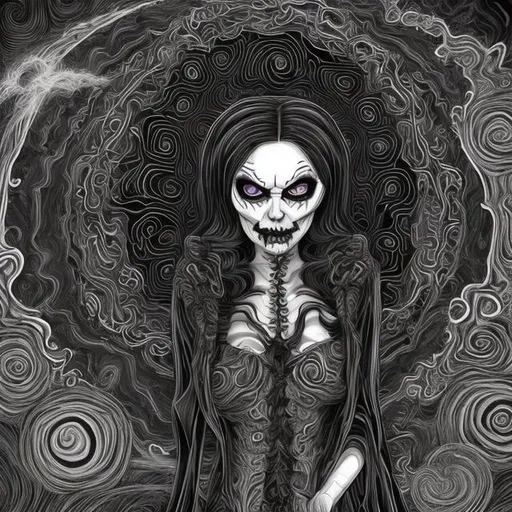 Prompt: psychedelic black and white spiral halloween scary witch 