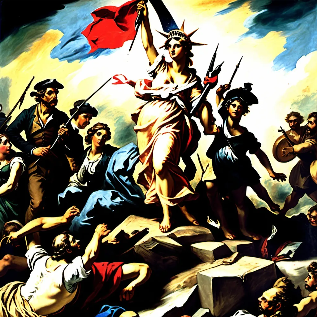 Prompt: La Libertad guiando al pueblo, de Delacroix pixeles
