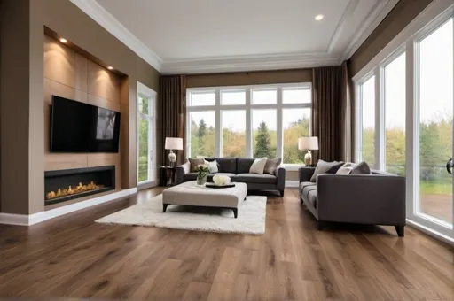 Prompt: interior luxury living room with a big window, engineered wood flooring.