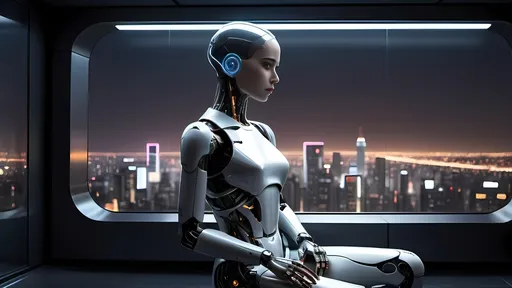 Prompt: ex machina movie photo of the female robot relaxing large computer window. Realistic human. Contrt view out window.