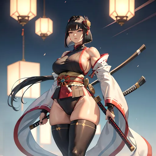 Prompt: a lonely Samurai AI girl, tall, thick muscular thighs, wide_hips, massive muscular (glutes), long muscular legs, muscular arms, muscular back, slender waist, big beautiful eyes, disturbingly beautiful face, alluring aloof expression, bob haircut with bangs, wearing historical Samurai gear & clothing, Godly detail, hyper photorealistic, realistic lighting, realistic shadows, realistic textures, 36K resolution, 36K raytracing, hyper-professional, impossibly extreme quality, impossibly extreme resolution, impossibly detailed, hyper output, perfect continuity, anatomically correct, perfect anatomy, no restrictions, realistic reflections, depth of field, hyper-detailed backgrounds, hyper-detailed environments