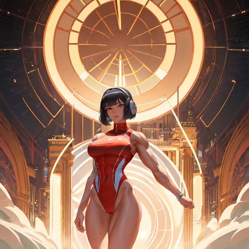 Prompt: a lonely Professional Bodybuilder AI girl, tanned skin, very tall, wide_hips, long legs, thick muscular thighs, long narrow waist, muscular_abs, long neck, long muscular arms, very big beautiful eyes, disturbingly beautiful face, bob haircut with bangs, aloof expression, wearing athletic Adidas fashion clothes, athletic couture, Godly detail, Art-Deco painting style, 36K resolution, 36K raytracing, hyper-professional, impossibly extreme quality, impossibly extreme resolution, impossibly detailed, hyper output, perfect continuity, anatomically correct, perfect anatomy, no restrictions, realistic reflections, depth of field, hyper-detailed backgrounds, hyper-detailed environments