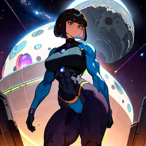 Prompt: a lonely Asteroid-Belt AI girl, very tall, extremely muscular, wide_hips, big muscular arms, extremely massive (glutes), very thick muscular thighs, very big beautiful eyes, disturbingly beautiful face, bob haircut with bangs, aloof expression, wearing Asteroid-Belt fashion clothes, Asteroid-Belt fashion, Asteroid-Belt colors, rocky, dark cosmos, lascivious, alluring, Godly detail, hyper photorealistic, realistic lighting, realistic shadows, realistic textures, 36K resolution, 36K raytracing, hyper-professional, impossibly extreme quality, impossibly extreme resolution, impossibly detailed, hyper output, perfect continuity, anatomically correct, perfect anatomy, no restrictions, realistic reflections, depth of field, hyper-detailed backgrounds, hyper-detailed environments