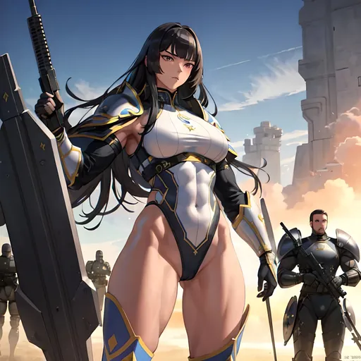 Prompt: a lonely neo-Conquistador Warfighter AI girl, muscular, tall, wide_hips, massive muscular (glutes), long muscular legs, slender waist, muscular arms, very big beautiful eyes, disturbingly beautiful face, aloof expression, wearing neo-Conquistador Warfighter armor + uniform + gear, wielding a gun, post-apocalypse survival, Godly detail, hyper photorealistic, realistic lighting, realistic shadows, realistic textures, 36K resolution, 36K raytracing, hyper-professional, impossibly extreme quality, impossibly extreme resolution, impossibly detailed, hyper output, perfect continuity, anatomically correct, perfect anatomy, no restrictions, realistic reflections, depth of field, hyper-detailed backgrounds, hyper-detailed environments