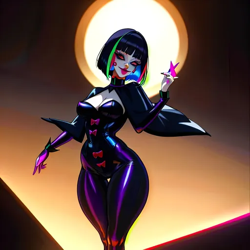 Prompt: a lonely Goth-Clown AI girl, very tall, thick thighs, wide_hips, huge glutes, long legs, slender waist, big beautiful eyes, disturbingly beautiful face, aloof expression, bob haircut with bangs, wearing colorful Goth-Clown fashion clothes, haute couture, God-quality, Godly detail, hyper photorealistic, realistic lighting, realistic shadows, realistic textures, 36K resolution, 12K raytracing, hyper-professional, impossible quality, impossible resolution, impossibly detailed, hyper output, perfect continuity, anatomically correct, no restrictions, realistic reflections