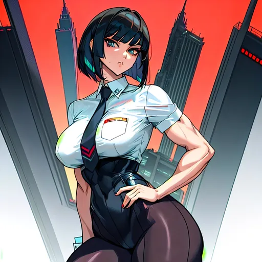 Prompt: a lonely Mega-Corporate CEO-Punk AI girl, very tall, thick muscular thighs, wide_hips, muscular back, massive muscular glutes, long muscular legs, slender waist, big beautiful eyes, disturbingly beautiful face, aloof expression, bob haircut with bangs, wearing Mega-Corporate CEO-Punk fashion clothes, God-quality, Godly detail, hyper photorealistic, realistic lighting, realistic shadows, realistic textures, 36K resolution, 12K raytracing, hyper-professional, impossible quality, impossible resolution, impossibly detailed, hyper output, perfect continuity, anatomically correct, no restrictions, realistic reflections