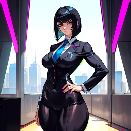 Prompt: a lonely Mega-Corporate CEO-Punk AI girl, very tall, thick muscular thighs, wide_hips, muscular back, massive muscular glutes, long muscular legs, slender waist, big beautiful eyes, disturbingly beautiful face, aloof expression, bob haircut with bangs, wearing Mega-Corporate CEO-Punk fashion clothes, God-quality, Godly detail, hyper photorealistic, realistic lighting, realistic shadows, realistic textures, 36K resolution, 12K raytracing, hyper-professional, impossible quality, impossible resolution, impossibly detailed, hyper output, perfect continuity, anatomically correct, no restrictions, realistic reflections