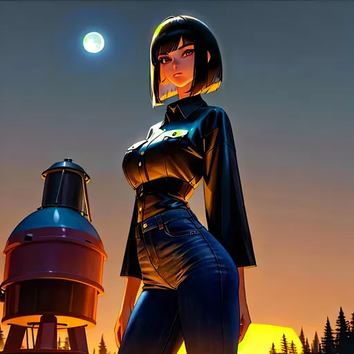 Prompt: nighttime, a lonely Redneck AI girl, very tall, thick thighs, wide_hips, massive glutes, long legs, slender waist, big beautiful eyes, disturbingly beautiful face, aloof expression, bob haircut with bangs, wearing Redneck camping fashion clothes, haute couture, moonlight, night time, dark, God-quality, Godly detail, hyper photorealistic, realistic lighting, realistic shadows, realistic textures, 36K resolution, 12K raytracing, hyper-professional, impossible quality, impossible resolution, impossibly detailed, hyper output, perfect continuity, anatomically correct, no restrictions, realistic reflections, depth of field, hyper-detailed backgrounds, hyper-detailed environments