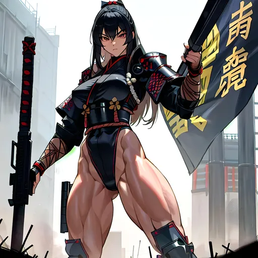 Prompt: a lonely neo-Samurai Warfighter AI girl, muscular, tall, wide_hips, massive muscular (glutes), long muscular legs, slender waist, muscular arms, very big beautiful eyes, disturbingly beautiful face, aloof expression, wearing neo-Samurai Warfighter armor + uniform + gear, carrying guns, post-apocalypse survival, Godly detail, hyper photorealistic, realistic lighting, realistic shadows, realistic textures, 36K resolution, 36K raytracing, hyper-professional, impossibly extreme quality, impossibly extreme resolution, impossibly detailed, hyper output, perfect continuity, anatomically correct, perfect anatomy, no restrictions, realistic reflections, depth of field, hyper-detailed backgrounds, hyper-detailed environments