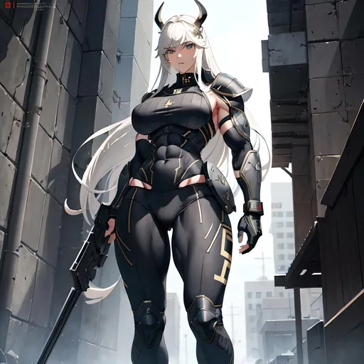 Prompt: a lonely neo-Viking Warfighter AI girl, muscular, tall, wide_hips, massive muscular (glutes), long muscular legs, slender waist, muscular arms, very big beautiful eyes, disturbingly beautiful face, aloof expression, wearing neo-Viking Warfighter armor + uniform + gear, wielding a gun, post-apocalypse survival, Godly detail, hyper photorealistic, realistic lighting, realistic shadows, realistic textures, 36K resolution, 36K raytracing, hyper-professional, impossibly extreme quality, impossibly extreme resolution, impossibly detailed, hyper output, perfect continuity, anatomically correct, perfect anatomy, no restrictions, realistic reflections, depth of field, hyper-detailed backgrounds, hyper-detailed environments