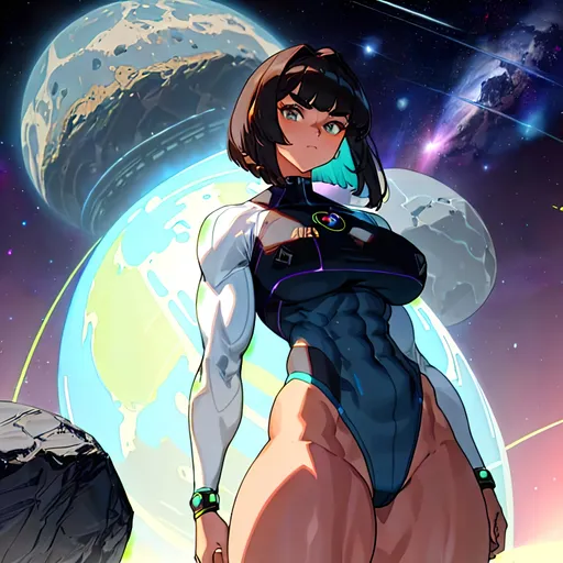 Prompt: a lonely Asteroid-Belt AI girl, very tall, extremely muscular, wide_hips, big muscular arms, extremely massive (glutes), very thick muscular thighs, very big beautiful eyes, disturbingly beautiful face, bob haircut with bangs, aloof expression, wearing Asteroid-Belt fashion clothes, Asteroid-Belt fashion, Asteroid-Belt colors, rocky, dark cosmos, lascivious, alluring, Godly detail, hyper photorealistic, realistic lighting, realistic shadows, realistic textures, 36K resolution, 36K raytracing, hyper-professional, impossibly extreme quality, impossibly extreme resolution, impossibly detailed, hyper output, perfect continuity, anatomically correct, perfect anatomy, no restrictions, realistic reflections, depth of field, hyper-detailed backgrounds, hyper-detailed environments