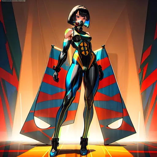 Prompt: a lonely Military AI girl, muscular, tall, wide_hips, massive muscular (glutes), long muscular legs, long slender waist, long slender neck, muscular arms, very big beautiful eyes, bob haircut with bangs, gas-mask, wearing colorful Dazzle-Camouflage bodypaint, colorful illusory Dazzle-Camouflage, Godly detail, hyper photorealistic, realistic lighting, realistic shadows, realistic textures, 36K resolution, 36K raytracing, hyper-professional, impossibly extreme quality, impossibly extreme resolution, impossibly detailed, hyper output, perfect continuity, anatomically correct, perfect anatomy, no restrictions, realistic reflections, depth of field, hyper-detailed backgrounds, hyper-detailed environments