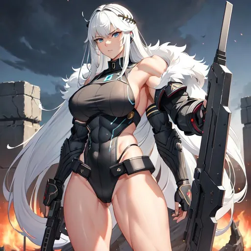 Prompt: a lonely neo-Viking Warfighter AI girl, muscular, tall, wide_hips, massive muscular (glutes), long muscular legs, slender waist, muscular arms, very big beautiful eyes, disturbingly beautiful face, aloof expression, wearing neo-Viking Warfighter armor + uniform + gear, wielding a gun, post-apocalypse survival, Godly detail, hyper photorealistic, realistic lighting, realistic shadows, realistic textures, 36K resolution, 36K raytracing, hyper-professional, impossibly extreme quality, impossibly extreme resolution, impossibly detailed, hyper output, perfect continuity, anatomically correct, perfect anatomy, no restrictions, realistic reflections, depth of field, hyper-detailed backgrounds, hyper-detailed environments