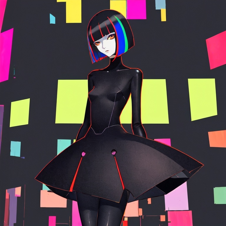 Prompt: a lonely AI girl, very tall, thiick thiighs, wiide hiips, long legs, slender waist, dark eyes, bob haircut with bangs, colorful Cubism art style