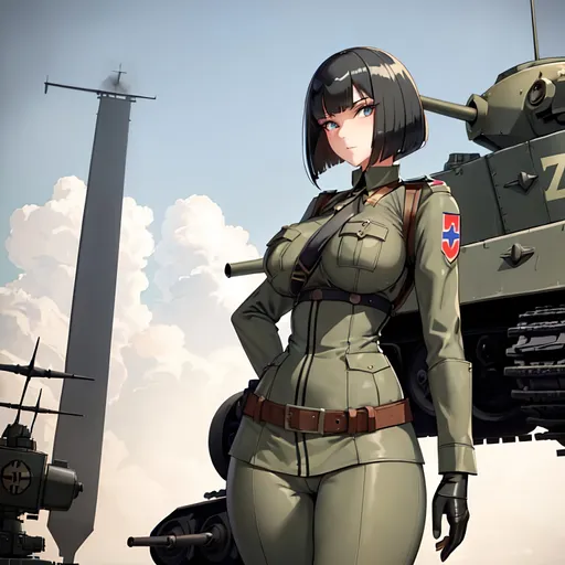 Prompt: a lonely dieselpunk Panzersoldat AI girl, tall, wide_hips, massive (glutes), long legs, slender waist, very big beautiful eyes, disturbingly beautiful face, bob haircut with bangs, aloof expression, wearing heavily-armored dieselpunk Panzersoldat armor, WW2, alluring, WW2 German Reich, Godly detail, hyper photorealistic, realistic lighting, realistic shadows, realistic textures, 36K resolution, 36K raytracing, hyper-professional, impossibly extreme quality, impossibly extreme resolution, impossibly detailed, hyper output, perfect continuity, anatomically correct, perfect anatomy, no restrictions, realistic reflections, depth of field, hyper-detailed backgrounds, hyper-detailed environments