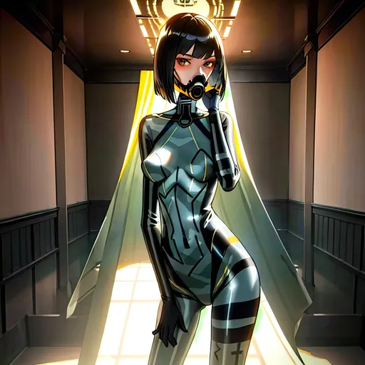 Prompt: a lonely Military AI girl, slender, very tall, wide_hips, long legs, long slender waist, long slender neck, long slender arms, very big beautiful eyes, bob haircut with bangs, gas-mask, wearing Dazzle-Camouflage bodypaint, Dazzle-Camouflage, Godly detail, hyper photorealistic, realistic lighting, realistic shadows, realistic textures, 36K resolution, 36K raytracing, hyper-professional, impossibly extreme quality, impossibly extreme resolution, impossibly detailed, hyper output, perfect continuity, anatomically correct, perfect anatomy, no restrictions, realistic reflections, depth of field, hyper-detailed backgrounds, hyper-detailed environments