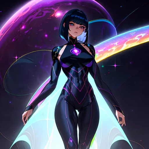 Prompt: a lonely Deep-Cosmos Dark-Matter AI girl, muscular, tall, wide_hips, massive muscular (glutes), long muscular legs, long slender waist, muscular arms, very big beautiful eyes, bob haircut with bangs, disturbingly beautiful face, aloof expression, wearing Deep-Cosmos Dark-Matter fashion clothes, Haute Cosmic Couture, Godly detail, hyper photorealistic, realistic lighting, realistic shadows, realistic textures, 36K resolution, 36K raytracing, hyper-professional, impossibly extreme quality, impossibly extreme resolution, impossibly detailed, hyper output, perfect continuity, anatomically correct, perfect anatomy, no restrictions, realistic reflections, depth of field, hyper-detailed backgrounds, hyper-detailed environments