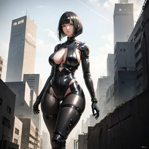 Prompt: a lonely post-apocalyptic AI girl, very tall, thick thighs, wide_hips, massive glutes, long legs, slender waist, big beautiful eyes, disturbingly beautiful face, aloof expression, bob haircut with bangs, wearing post-apocalyptic fashion clothes, haute couture, God-quality, Godly detail, hyper photorealistic, realistic lighting, realistic shadows, realistic textures, 36K resolution, 12K raytracing, hyper-professional, impossibly extreme quality, impossibly extreme resolution, impossibly detailed, hyper output, perfect continuity, anatomically correct, perfect anatomy, no restrictions, realistic reflections, depth of field, hyper-detailed backgrounds, hyper-detailed environments