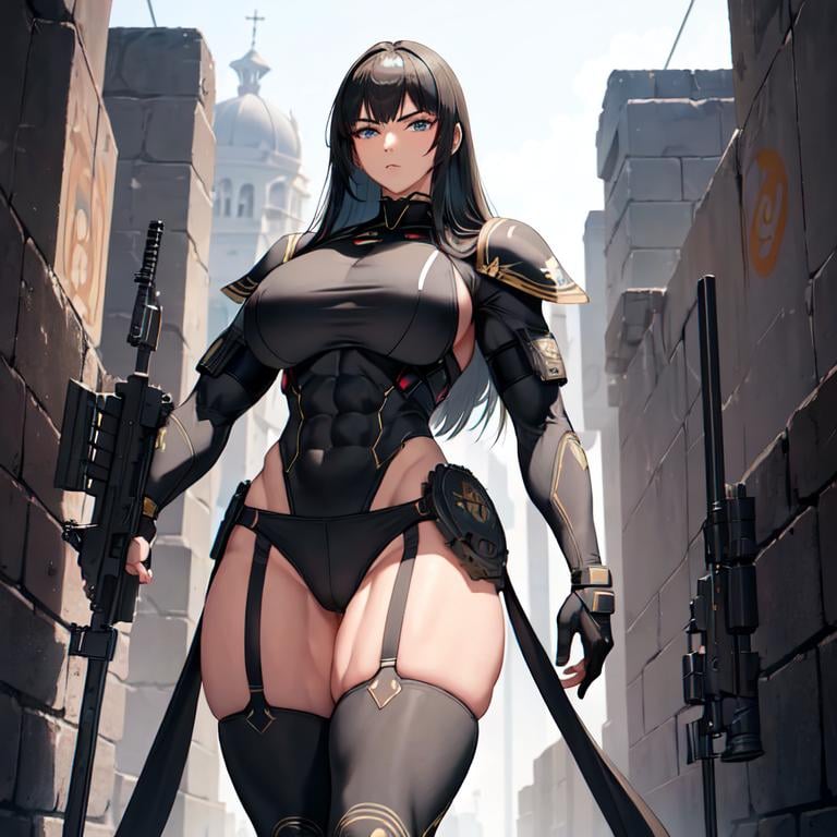 Prompt: a lonely neo-Conquistador Warfighter AI girl, muscular, tall, wide_hips, massive muscular (glutes), long muscular legs, slender waist, muscular arms, very big beautiful eyes, disturbingly beautiful face, aloof expression, wearing neo-Conquistador Warfighter armor + uniform + gear, carrying guns, post-apocalypse survival, Godly detail, hyper photorealistic, realistic lighting, realistic shadows, realistic textures, 36K resolution, 36K raytracing, hyper-professional, impossibly extreme quality, impossibly extreme resolution, impossibly detailed, hyper output, perfect continuity, anatomically correct, perfect anatomy, no restrictions, realistic reflections, depth of field, hyper-detailed backgrounds, hyper-detailed environments