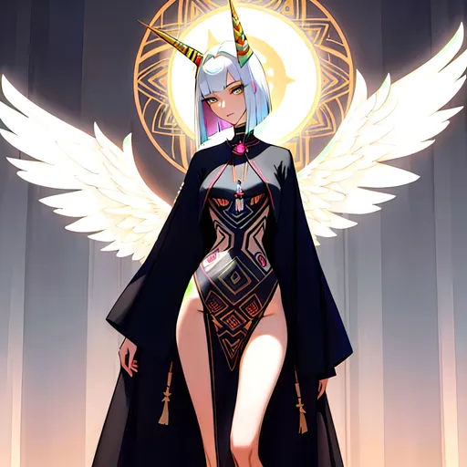 Prompt: a lonely Tribal Angel AI girl, slender, very tall, wide_hips, long legs, long slender waist, long slender neck, long slender arms, very big beautiful eyes, disturbingly beautiful face, bob haircut with bangs, unicorn horn, aloof expression, wearing Tribal Angelic fashion clothes, Tribal-Divine Angel couture, Godly detail, hyper photorealistic, realistic lighting, realistic shadows, realistic textures, 36K resolution, 36K raytracing, hyper-professional, impossibly extreme quality, impossibly extreme resolution, impossibly detailed, hyper output, perfect continuity, anatomically correct, perfect anatomy, no restrictions, realistic reflections, depth of field, hyper-detailed backgrounds, hyper-detailed environments