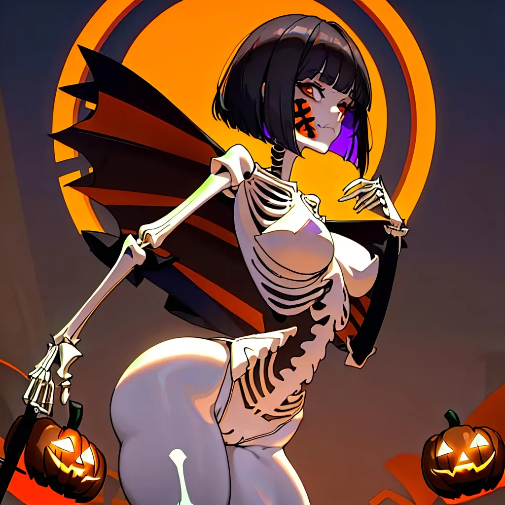 Prompt: a lonely Halloween Skeleton-costume AI girl, very tall, thick thighs, wide_hips, massive glutes, long legs, slender waist, big beautiful eyes, disturbingly beautiful face, aloof expression, bob haircut with bangs, wearing a Halloween skeleton costume and face-paint, outside going Trick-or-Treating, God-quality, Godly detail, hyper photorealistic, realistic lighting, realistic shadows, realistic textures, 36K resolution, 36K raytracing, hyper-professional, impossibly extreme quality, impossibly extreme resolution, impossibly detailed, hyper output, perfect continuity, anatomically correct, perfect anatomy, no restrictions, realistic reflections, depth of field, hyper-detailed backgrounds, hyper-detailed environments