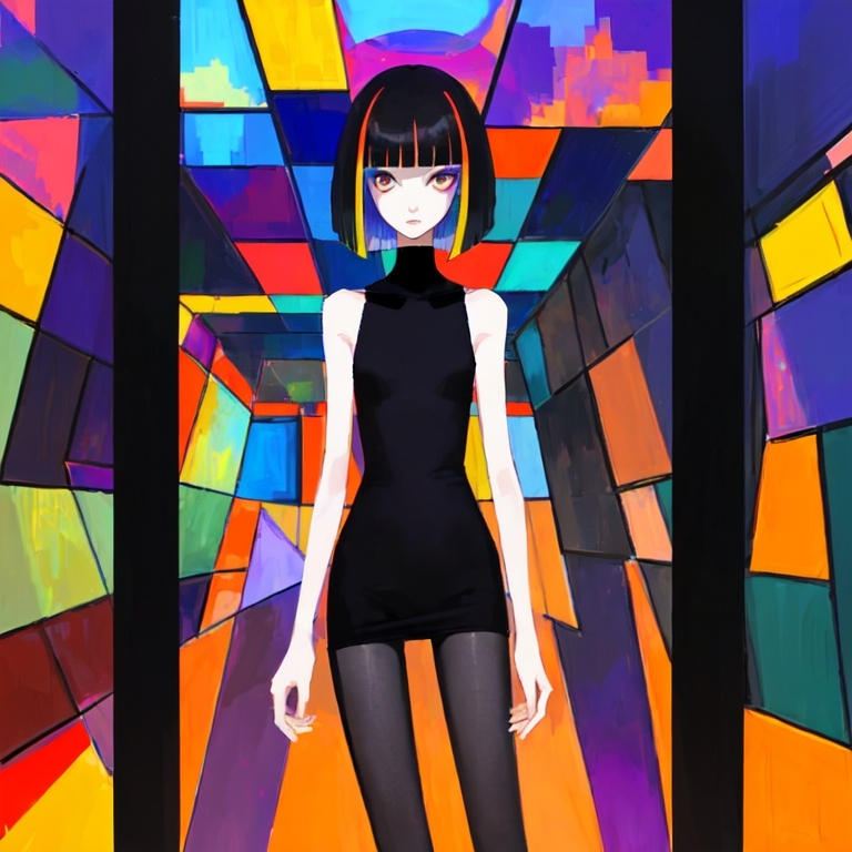 Prompt: a lonely AI girl, very tall, thiick thiighs, wiide hiips, long legs, slender waist, dark eyes, bob haircut with bangs, colorful Cubism art style