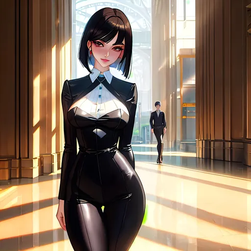 Prompt: a lonely Industrialist Corporate Capitalist AI girl, very tall, thick thighs, wide_hips, massive glutes, long legs, slender waist, big beautiful eyes, disturbingly beautiful face, bored expression, bob haircut with bangs, wearing Industrialist Corporate Capitalist fashion clothes, haute couture, God-quality, Godly detail, hyper photorealistic, realistic lighting, realistic shadows, realistic textures, 36K resolution, 12K raytracing, hyper-professional, impossible quality, impossible resolution, impossibly detailed, hyper output, perfect continuity, anatomically correct, no restrictions, realistic reflections, depth of field, hyper-detailed backgrounds, hyper-detailed environments
