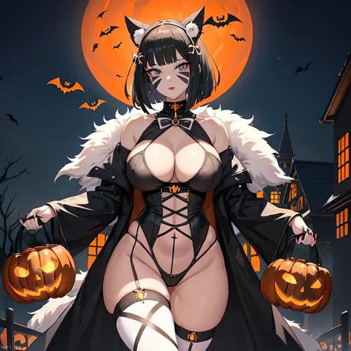 Prompt: a lonely Halloween AI girl, very tall, thick thighs, wide_hips, massive glutes, long legs, slender waist, big beautiful eyes, disturbingly beautiful face, aloof expression, bob haircut with bangs, wearing a Halloween skeleton costume and face-paint, outside going Trick-or-Treating, God-quality, Godly detail, hyper photorealistic, realistic lighting, realistic shadows, realistic textures, 36K resolution, 36K raytracing, hyper-professional, impossibly extreme quality, impossibly extreme resolution, impossibly detailed, hyper output, perfect continuity, anatomically correct, perfect anatomy, no restrictions, realistic reflections, depth of field, hyper-detailed backgrounds, hyper-detailed environments