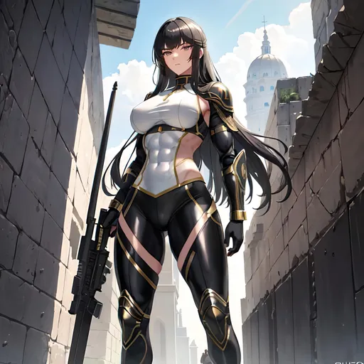 Prompt: a lonely neo-Roman Praetorian Warfighter AI girl, muscular, tall, wide_hips, massive muscular (glutes), long muscular legs, slender waist, muscular arms, very big beautiful eyes, disturbingly beautiful face, aloof expression, wearing neo-Roman Preatorian Warfighter armor + uniform + gear, wielding a gun, post-apocalypse survival, Godly detail, hyper photorealistic, realistic lighting, realistic shadows, realistic textures, 36K resolution, 36K raytracing, hyper-professional, impossibly extreme quality, impossibly extreme resolution, impossibly detailed, hyper output, perfect continuity, anatomically correct, perfect anatomy, no restrictions, realistic reflections, depth of field, hyper-detailed backgrounds, hyper-detailed environments