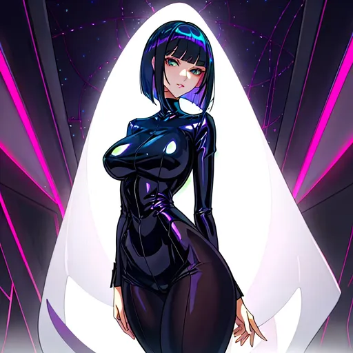 Prompt: a lonely Eldritch Neo-Corporate AI girl, very tall, thick thighs, wide_hips, very huge glutes, long legs, slender waist, big beautiful eyes, disturbingly beautiful face, aloof expression, bob haircut with bangs, wearing Eldritch Neo-Corporate fashion clothes, haute couture, God-quality, Godly detail, hyper photorealistic, realistic lighting, realistic shadows, realistic textures, 36K resolution, 12K raytracing, hyper-professional, impossible quality, impossible resolution, impossibly detailed, hyper output, perfect continuity, anatomically correct, no restrictions, realistic reflections