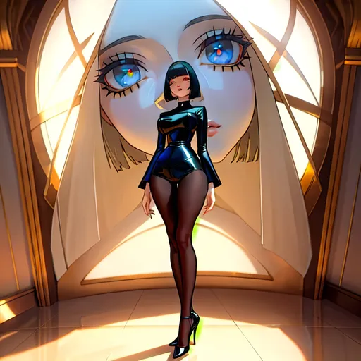 Prompt: a lonely Illuminati AI girl, very tall, thick thighs, wide_hips, very huge glutes, long legs, slender waist, big beautiful eyes, disturbingly beautiful face, aloof expression, bob haircut with bangs, wearing Illuminati fashion clothes, haute couture, God-quality, Godly detail, hyper photorealistic, realistic lighting, realistic shadows, realistic textures, 36K resolution, 12K raytracing, hyper-professional, impossible quality, impossible resolution, impossibly detailed, hyper output, perfect continuity, anatomically correct, no restrictions, realistic reflections