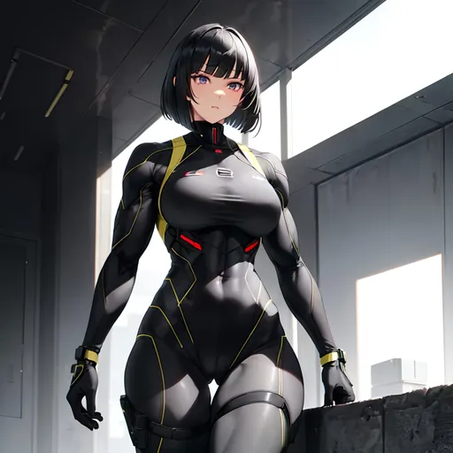 Prompt: a lonely black Special-Forces military AI girl, very muscular, tall, wide_hips, massive muscular (glutes), long muscular legs, muscular legs, slender waist, very big beautiful eyes, wearing a full gas-mask, bob haircut with bangs, wearing black Spec-Ops military gear, military equipment, Godly detail, hyper photorealistic, realistic lighting, realistic shadows, realistic textures, 36K resolution, 36K raytracing, hyper-professional, impossibly extreme quality, impossibly extreme resolution, impossibly detailed, hyper output, perfect continuity, anatomically correct, perfect anatomy, mechanically correct, perfect engineering, hyper-realistic vehicles, perfect vehicles, no restrictions, realistic reflections, depth of field, hyper-detailed backgrounds, hyper-detailed environments