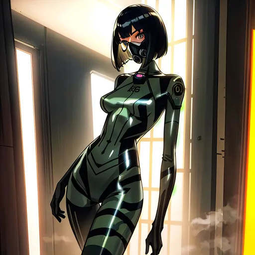 Prompt: a lonely Military AI girl, slender, very tall, wide_hips, long legs, long slender waist, long slender neck, long slender arms, very big beautiful eyes, bob haircut with bangs, gas-mask, wearing Dazzle-Camouflage bodypaint, Dazzle-Camouflage, Godly detail, hyper photorealistic, realistic lighting, realistic shadows, realistic textures, 36K resolution, 36K raytracing, hyper-professional, impossibly extreme quality, impossibly extreme resolution, impossibly detailed, hyper output, perfect continuity, anatomically correct, perfect anatomy, no restrictions, realistic reflections, depth of field, hyper-detailed backgrounds, hyper-detailed environments