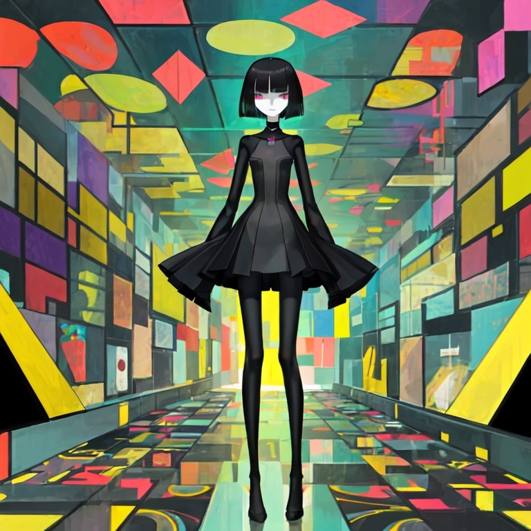 Prompt: a lonely AI girl, very tall, th1ck th1ghs, w1de h1ps, long legs, slender waist, dark eyes, bob haircut with bangs, colorful Cubism art style