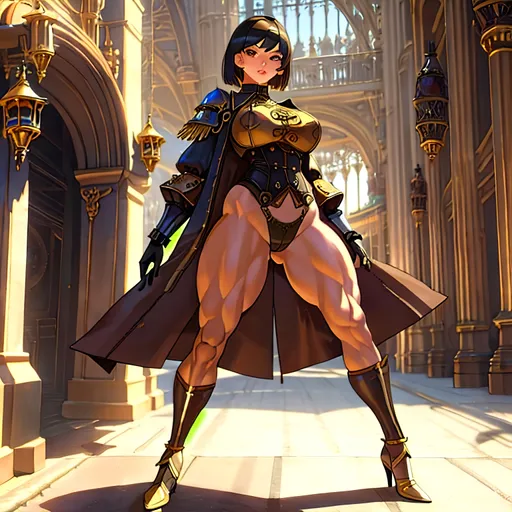 Prompt: a lonely Steampunk AI girl, very tall, thick muscular thighs, wide_hips, massive muscular glutes, long muscular legs, slender waist, big beautiful eyes, disturbingly beautiful face, aloof expression, bob haircut with bangs, wearing armored Steampunk fashion clothes, haute couture, God-quality, Godly detail, hyper photorealistic, realistic lighting, realistic shadows, realistic textures, 36K resolution, 12K raytracing, hyper-professional, impossible quality, impossible resolution, impossibly detailed, hyper output, perfect continuity, anatomically correct, no restrictions, realistic reflections