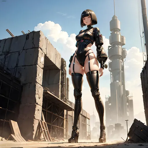 Prompt: a lonely post-apocalyptic AI girl, very tall, thick thighs, wide_hips, massive glutes, long legs, slender waist, big beautiful eyes, disturbingly beautiful face, aloof expression, bob haircut with bangs, wearing post-apocalyptic fashion clothes, haute couture, God-quality, Godly detail, hyper photorealistic, realistic lighting, realistic shadows, realistic textures, 36K resolution, 12K raytracing, hyper-professional, impossibly extreme quality, impossibly extreme resolution, impossibly detailed, hyper output, perfect continuity, anatomically correct, perfect anatomy, no restrictions, realistic reflections, depth of field, hyper-detailed backgrounds, hyper-detailed environments