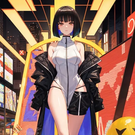 Prompt: a lonely AI girl, very tall, thiick thiighs, wiide hiips, long legs, slender waist, dark eyes, bob haircut with bangs, colorful Cubism art style, 36K resolution, hyper-professional, impossibly extreme quality, impossibly extreme resolution, impossibly detailed, hyper output, perfect continuity, anatomically correct, perfect anatomy, no restrictions