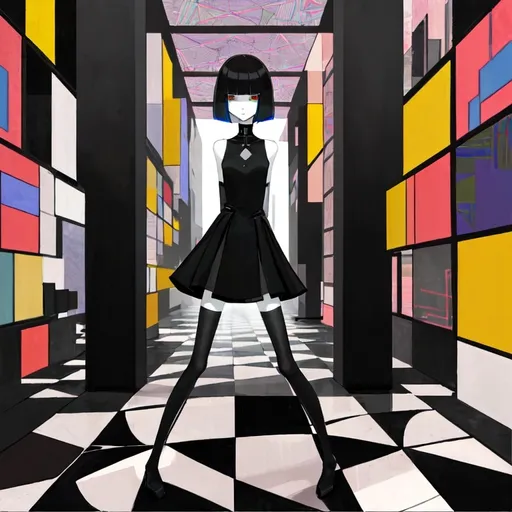 Prompt: a lonely AI girl, very tall, th1ck th1ghs, w1de h1ps, long legs, slender waist, dark eyes, bob haircut with bangs, colorful Cubism art style