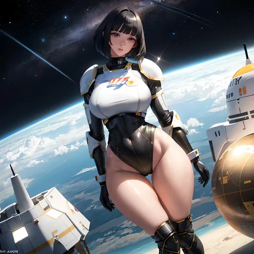 Prompt: a lonely NASA Space-Knight AI girl, very tall, thick thighs, wide_hips, massive glutes, long legs, slender waist, big beautiful eyes, disturbingly beautiful face, aloof expression, bob haircut with bangs, wearing NASA Space-Knight armor, heavy armor plating, God-quality, Godly detail, hyper photorealistic, realistic lighting, realistic shadows, realistic textures, 36K resolution, 36K raytracing, hyper-professional, impossibly extreme quality, impossibly extreme resolution, impossibly detailed, hyper output, perfect continuity, anatomically correct, perfect anatomy, no restrictions, realistic reflections, depth of field, hyper-detailed backgrounds, hyper-detailed environments