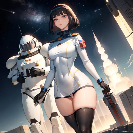 Prompt: a lonely Soviet Cosmonaut Space-Knight AI girl, very tall, thick thighs, wide_hips, massive glutes, long legs, slender waist, big beautiful eyes, disturbingly beautiful face, aloof expression, bob haircut with bangs, wearing Soviet Cosmonaut Space-Knight armor, heavy armor plating, God-quality, Godly detail, hyper photorealistic, realistic lighting, realistic shadows, realistic textures, 36K resolution, 36K raytracing, hyper-professional, impossibly extreme quality, impossibly extreme resolution, impossibly detailed, hyper output, perfect continuity, anatomically correct, perfect anatomy, no restrictions, realistic reflections, depth of field, hyper-detailed backgrounds, hyper-detailed environments