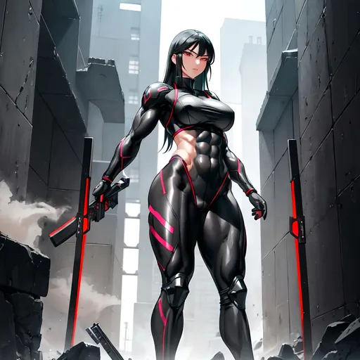 Prompt: a lonely neo-Ninja Warfighter AI girl, muscular, tall, wide_hips, massive muscular (glutes), long muscular legs, slender waist, muscular arms, very big beautiful eyes, disturbingly beautiful face, aloof expression, wearing neo-Ninja Warfighter armor + uniform + gear, wielding a gun, post-apocalypse survival, Godly detail, hyper photorealistic, realistic lighting, realistic shadows, realistic textures, 36K resolution, 36K raytracing, hyper-professional, impossibly extreme quality, impossibly extreme resolution, impossibly detailed, hyper output, perfect continuity, anatomically correct, perfect anatomy, no restrictions, realistic reflections, depth of field, hyper-detailed backgrounds, hyper-detailed environments