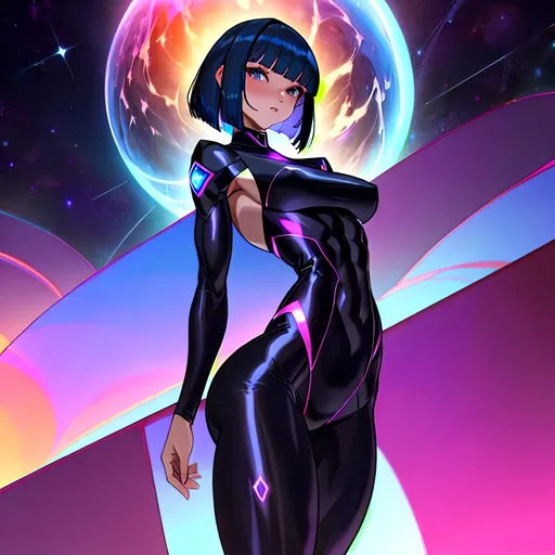 Prompt: a lonely Deep-Cosmos Dark-Matter AI girl, muscular, tall, wide_hips, massive muscular (glutes), long muscular legs, long slender waist, muscular arms, very big beautiful eyes, bob haircut with bangs, disturbingly beautiful face, aloof expression, wearing Deep-Cosmos Dark-Matter fashion clothes, Haute Cosmic Couture, Godly detail, hyper photorealistic, realistic lighting, realistic shadows, realistic textures, 36K resolution, 36K raytracing, hyper-professional, impossibly extreme quality, impossibly extreme resolution, impossibly detailed, hyper output, perfect continuity, anatomically correct, perfect anatomy, no restrictions, realistic reflections, depth of field, hyper-detailed backgrounds, hyper-detailed environments