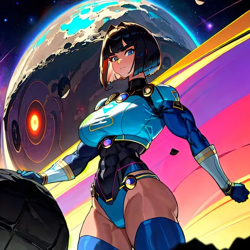 Prompt: a lonely Asteroid-Belt AI girl, very tall, extremely muscular, wide_hips, big muscular arms, extremely massive (glutes), very thick muscular thighs, very big beautiful eyes, disturbingly beautiful face, bob haircut with bangs, aloof expression, wearing Asteroid-Belt fashion clothes, Asteroid-Belt fashion, Asteroid-Belt colors, rocky, dark cosmos, lascivious, alluring, Godly detail, hyper photorealistic, realistic lighting, realistic shadows, realistic textures, 36K resolution, 36K raytracing, hyper-professional, impossibly extreme quality, impossibly extreme resolution, impossibly detailed, hyper output, perfect continuity, anatomically correct, perfect anatomy, no restrictions, realistic reflections, depth of field, hyper-detailed backgrounds, hyper-detailed environments