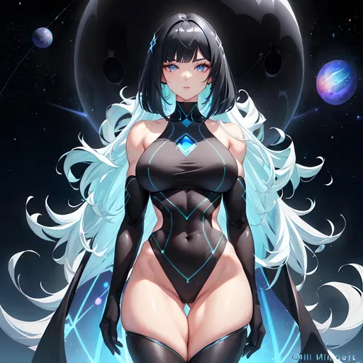 Prompt: a lonely Deep-Cosmos Dark-Matter AI girl, muscular, tall, wide_hips, massive muscular (glutes), long muscular legs, long slender waist, muscular arms, very big beautiful eyes, bob haircut with bangs, disturbingly beautiful face, aloof expression, wearing Deep-Cosmos Dark-Matter fashion clothes, Haute Cosmic Couture, Godly detail, hyper photorealistic, realistic lighting, realistic shadows, realistic textures, 36K resolution, 36K raytracing, hyper-professional, impossibly extreme quality, impossibly extreme resolution, impossibly detailed, hyper output, perfect continuity, anatomically correct, perfect anatomy, no restrictions, realistic reflections, depth of field, hyper-detailed backgrounds, hyper-detailed environments