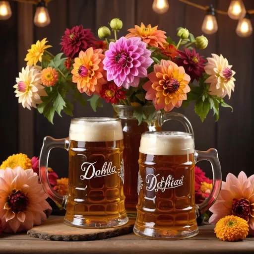 Prompt: (dahlia, zinnias, and filler flowers), two beer steins clinking together, colorful and lively composition, warm lighting, cheerful atmosphere, highly detailed, soft-focus background with a blur to highlight the steins, rustic wood table surface, (4K ultra-detailed), autumnal and moody theme, floral arrangements igniting a festive mood. oktoberfest theme