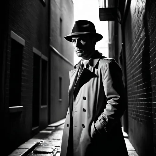 Prompt: "Black and white photo of a serious investigator in a trench coat and fedora, standing in a shadowy alleyway. The scene is dramatic with high contrast, deep shadows, and sharp details, evoking a classic film noir style. Add a subtle text overlay with 'Clive & Lally Investigations' at the bottom."